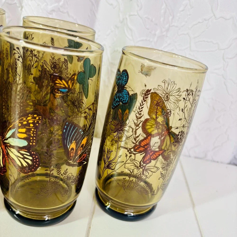Vintage MCM Amber Tumbler Glasses Colorful Boho Bohemian Butterfly